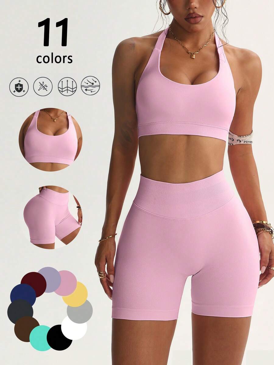 Wrinkle-Free Yoga Set, Women's Sportswear With Impact Force, Gym Shorts And Sports Bra 2-Piece Set, Suitable For Fitness Training High-Waisted Running Short - 粉色 - 查看 1