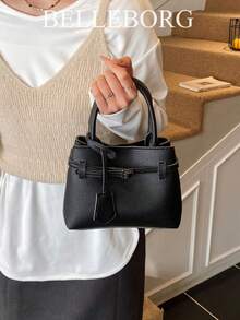 BELLEBORG Túi xách vuông nhỏ bằng da canvas cổ điển, màu sắc tương phản, thanh lịch, tiện dụng, đa năng cho nữ - màu đen - Xem 5