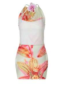 Women Floral Pirnt Halter Backless Mini Dress Bodycon Sexy Pary Short Dress Vacation Evening Club Prom Clothes - Light Yellow - View 2