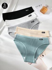5Pcs Sexy Briefs Panties Ribbed Low Waist Underwear For Women Stretchy Underpants Panty Traceless Lingerie Comfortable Knickers Soft Minimal Style Letter Design For Daily Wear