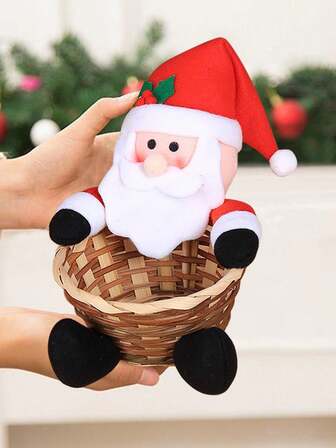 1-pack Jultomten Godis Korg , Tecknad Film Karaktär Dekorerad Råtting Vävd Frukt Korg , Söt Jul Bord Dekorationer , Lämplig För Semester Bankett Och