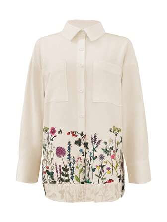 女式休闲花卉印花前短后长衬衫