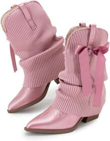 Western Ankle Boots For Women Fold Over Cowgirl Satin Booties Pointed Toe Cowboy Booties Pull On Chunky HeelChristmas - 粉色 - 查看 5