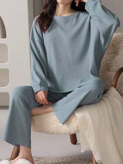 AICJ 2 st/set för kvinnor, enfärgat, avslappnad, minimalistisk, våffelstickad, varm pyjamas, långärmad topp och byxor, lämplig för vår, höst, vinter