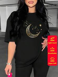 Camiseta de mujer de manga corta, cuello redondo, 100% algodón, holgada, de estilo casual y versátil con estampado moderno. - Negro-2 - Ver 3