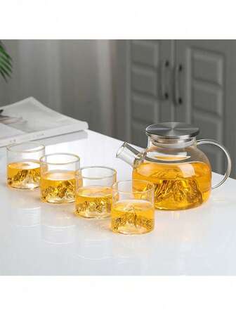 1pc Japanese Style Glass Cold Water Pitcher, Heatproof Large Capacity Flower Tea Pot, Teapot Set For Home Use