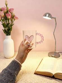 1pc INS Style Bow & Heart Print Glass Cup, Asymmetric Handle Water Mug, Home Afternoon Tea Coffee Cup, Juice Cold Drink Cup, Breakfast Milk Cup, Yogurt Oatmeal Cup, Holiday Gift Cup, Great Gift For Friends And Family, Valentine's Day Gift, Back To School Gift - Multicolor - View 10