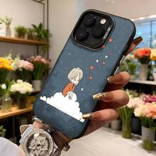 Funda para telefono con diseño de dibujos animados color gris oscuro con estampado de niña sentada en nube y corazones flotantes ideal para uso diario y regalos Aplicable a los teléfonos de la serie Apple y Galaxy - Negro - Ver 6