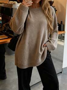 FOR BEAUTY Autumn And Winter New Solid Color Round Neck Simple Loose Casual Long Sleeve Knit Pullover Mid-Length Everyday Fashion, Versatile And Simple For Commuting Sweater Soft And Lazy Style Warm Christmas Top