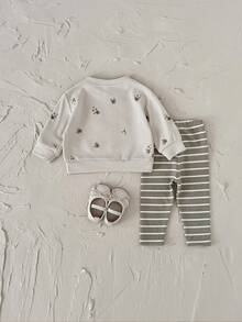 2件套女婴花卉刺绣长袖套头衫+弹力条纹裤，春秋季 - 杏色 - 查看 10