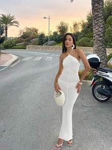 美妆新品春夏上市，女士度假沙滩装，性感露背吊带背心，休闲沙滩度假风，白色针织长裙，时尚优雅，舒适束腰长裙 - 白色 - 查看 3