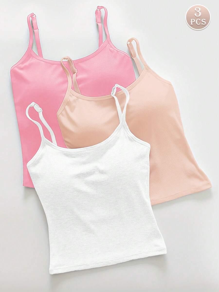3pcs Women Solid Color Ribbed Camisole With Padded Bust, Casual Sexy Cropped Tank Top - Multicolor - View 1