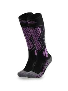 1 Pair Of Winter Sports Socks. Warm And Thick Long Socks Suitable For Both Men And Women. Perfect For Skiing, Skating And Mountain Climbing (White/Black/Purple)