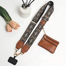 Crossbody Phone Strap With Zippered Pouch,Clip And Go Phone Charm With Wallet, Adjustable Smartphone Lanyard Wrist Strap - 028 Black and Brown Jacquard - View 1