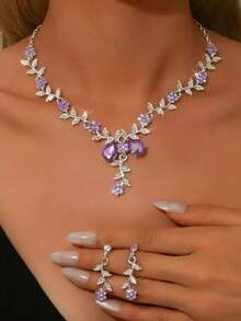 Bộ 2 món dây chuyền và bông tai hình lá và hoa đính đá, bộ trang sức sang trọng, thanh lịch dành cho nữ, thích hợp cho đám cưới và tiệc tối. - Bộ 2 hoa lá nhỏ - Xem 13