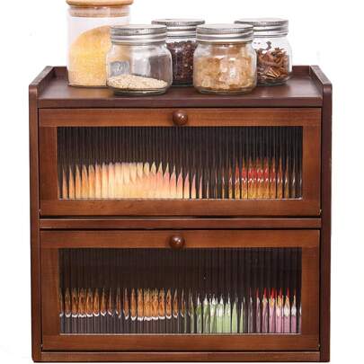 Bread Box For Kitchen Countertop Wooden Bread Storage Container Bin 2 Layer Breadbox Holder Large Capacity Keeper Vintage Farmhouse Food Organizer Pantry Shelf Acrylic Window (Brown)