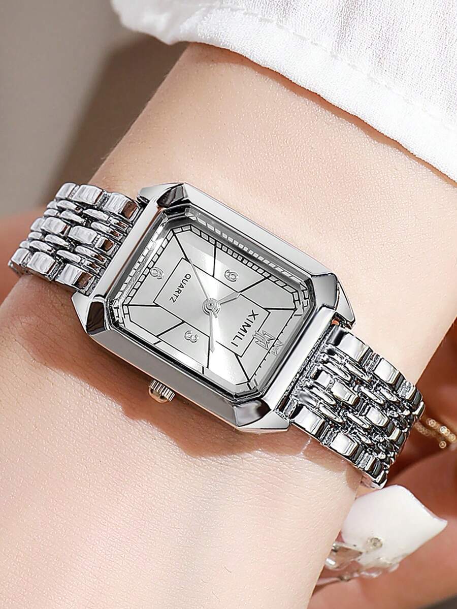 1 Đồng hồ thạch anh viền vuông tối giản thời trang dành cho nữ, thích hợp để đeo hàng ngày, sinh nhật, làm quà tặng cho cô ấy, kỷ niệm, khuyến mãi cuối năm, ngày độc thân, khuyến mãi Halloween, không có hộp quà tặng - trắng - Xem 1