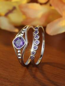 1pc Luxurious & Alluring Purple Geometric Cubic Zirconia Women's Fashion Ring Set, Party/Birthday/Engagement/Wedding/Anniversary Gift, Everyday Wear - Purple - View 3