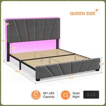 EnHomee Estructura de cama matrimonial/queen/king con cabecero de terciopelo, plataforma con cabecero de almacenaje, estación de carga y luces LED, soporte de listones de madera resistentes, silencioso, fácil montaje, decoración para el Día de la Madre, decoración de habitaciones y decoración del hogar. - Gris - Ver 13