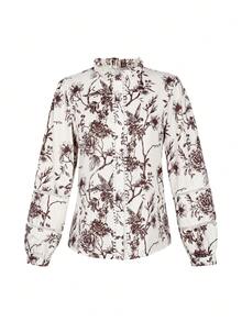 ii Áo sơ mi cổ chữ V tay phồng in họa tiết thanh lịch với chi tiết cúc cài, kiểu dáng giản dị và đa năng, phù hợp cho mùa xuân và mùa thu. - Màu be - Xem 7