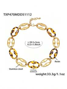 1 Set de joyería vintage con estampado de leopardo, que incluye pulsera de acero inoxidable con nariz de cerdo de resina, aretes y collar, un diseño único - Dorado - Ver 13