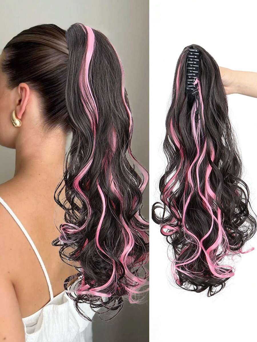 卷发马尾接发，深棕色，爪夹式接发，20英寸波浪马尾假发，合成自然蓬松假发，日常假日使用 - 彩色 - 查看 1