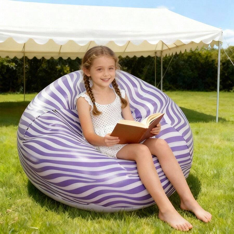 1 pieza Sofá inflable a rayas azules, silla de camping portátil para niños, sofá perezoso ligero y fácil de almacenar para uso en interiores y exteriores - Azul oscuro - Ver 1