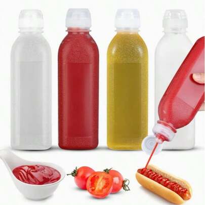 Four Rectangular Squeeze Bottles, 500ml (17oz) Capacity, For Ketchup, Salad Dressing, Barbecue Sauce, Etc. Hand Wash Only.