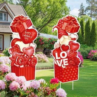 4 Pcs/Set Valentines Yard Signs With Stakes Red Heart Pattern Garden Sign Happy Valentine's Day Lawn Decoration For Wedding Anniversary Party Outdoor Home Decor