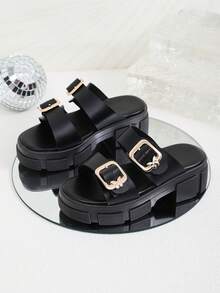 1 Pair Black Plus Size Toddler/Kids High Heel Slide Sandals, Dual Metal Buckle Strap, Solid Color, Slip-On Design, Round Toe, Platform, Fashion & Cute, Suitable For 3-15 Years Old Boys & Girls, Casual, Party, Travel, Spring/Summer - Black - View 1
