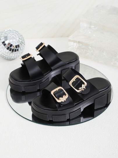 1 par de sandalias de tacón alto de color negro para niños/niñas de talla grande, con correa de hebilla de metal doble, unicolor, diseño deslizante, punta redonda, plataforma, moda y lindo, adecuado para niños y niñas de 3 a 15 años, casual, fiesta, viaje, primavera/verano
