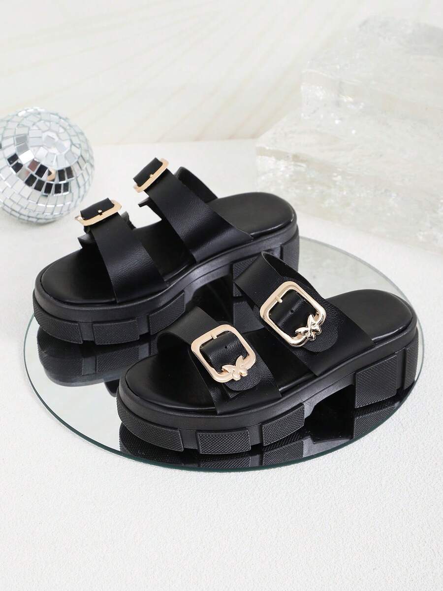 1 Pair Black Plus Size Toddler/Kids High Heel Slide Sandals, Dual Metal Buckle Strap, Solid Color, Slip-On Design, Round Toe, Platform, Fashion & Cute, Suitable For 3-15 Years Old Boys & Girls, Casual, Party, Travel, Spring/Summer - Black - View 1