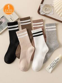 6 Pairs Stripe Design Mid-Calf Socks,Business Casual,With Elastic Band, Soft And Comfortable, Suitable For Daily Wear