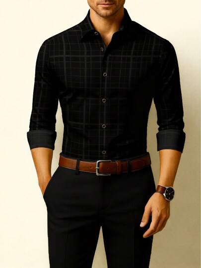 男士休闲正装格子衬衫，适合派对、晚宴、商务、优雅礼物等各种场合