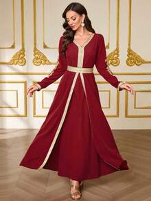 Festival Exclusive Festival Clothing, V-Neck Long Sleeve Gold Embroidery Waist Cinched Luxurious Robe, Collision Of Traditional Craftsmanship And Modern Aesthetics Spring - Burgundy - View 3