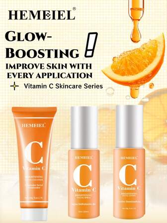 HEMEIEL 2/3件套维生素C护肤套装 - 保湿亮肤乳液（适合所有肤质）、舒缓面部喷雾、纯净洁面乳、亮肤乳液。蕴含维生素E，深层滋养，低敏配方，紧致提升肌肤弹性，清新亮泽，是馈赠佳品。