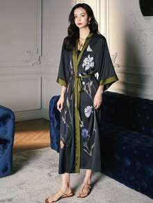 复古宽松优雅时尚通勤印花长款和服罩衫，休闲家居系带长袍，沙滩罩衫，夏季泳衣外层 - 黑色 - 查看 3