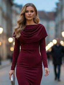 Women's Shawl Collar Draped Burgundy Long Dress