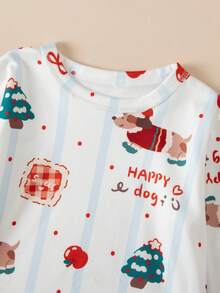 男童圣诞睡衣套装，长袖上衣和裤子两件套，圣诞老人、圣诞树和快乐小狗印花，秋冬季舒适内衣。