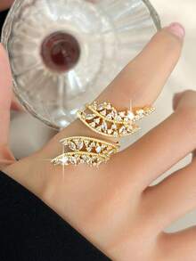 1枚时尚精致大叶形开口立方氧化锆订婚戒指，金色，适合女性，结婚周年纪念派对珠宝礼物 - 金黃色 - 查看 3
