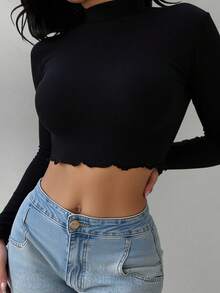 Blusa top acanalado cuello alto corto ajustado entallado moderno juvenil casual elegante versátil chic femenino urbano cómodo primavera verano otoño invierno básico sexy moderno popular - Negro - Ver 2