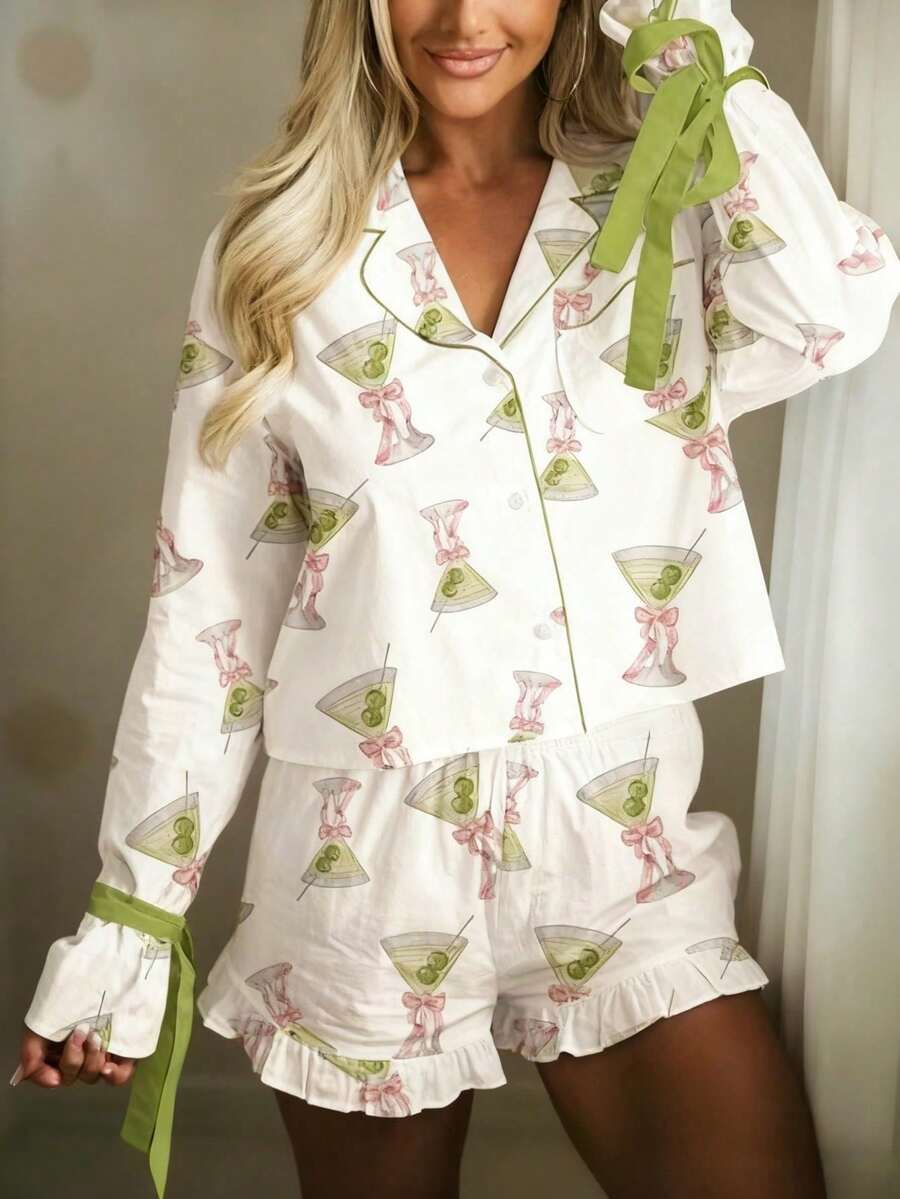 Women 2 Pieces Pajamas Set Y2K Cocktail Cups Print Bow Tie Long Sleeve Lapel Button Down Shirts Tops And Ruffle Hem Shorts Sets Fall Spring Cute 2 Piece Pjs Sleepwear Loungewear Suits - Hồng - Xem 1