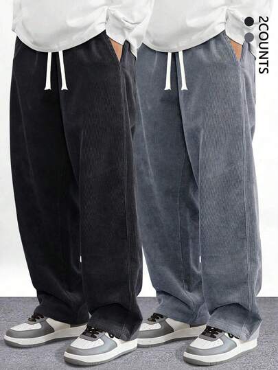 2 件套灯芯绒直筒休闲裤，宽松百搭男士运动裤，春秋季