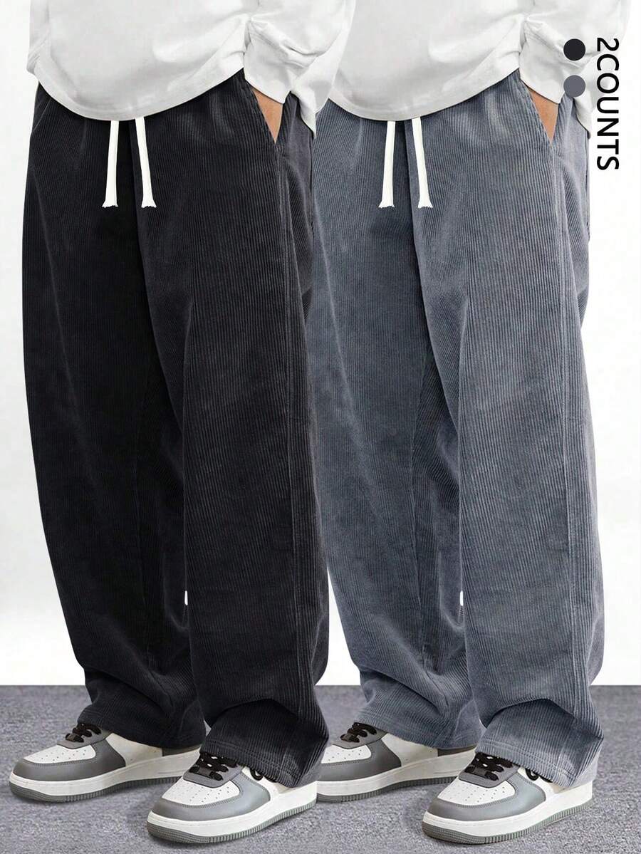 2 件套灯芯绒直筒休闲裤，宽松百搭男士运动裤，春秋季 - 彩色 - 查看 1