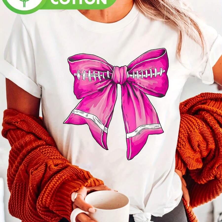 Camiseta de manga corta con cuello redondo y estampado de fútbol con lazo coqueto, estilo casual para mujer.jpg220g WoM-en's 100% Cotton T-Shirt - Feminine and Comfortable FiT-Suitable for all people, whether woM-en or M-enhigh-quality durable fabric suitable for all seans,ft to the touch but built to lastBreathabletops woM.en fall outfiT.S for woM.en vaC.Ation outfiT.S woM.en halloween costume - Blanco - Ver 1