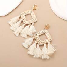 Rattan Earring Set For Women Summer Rattan Hoop Wicker Straw Earrings Handmade Beach Jewelry Woven Round Drop Dangle Earrings - Multicolor - View 8