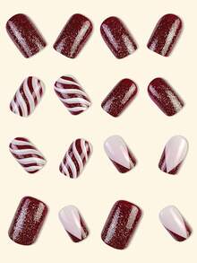 24 piezas Uñas postizas rojas cortas con estilo francés, uñas Y2K, uñas cuadradas de moda con degradado, brillo, patrones geométricos y rayas, estilo simple, uñas acrílicas postizas reutilizables, incluye 24 piezas de pegatinas de gel y una lima pequeña