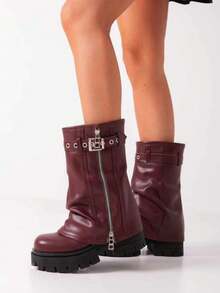 Punk Women's Motorcycle Boots Round Toe Buckle Straps Side Zipper Slouchy Wide Calf Thick Sole Mid Calf Boots Outdoor Activites Party Cosplay Combat Boots - 酒紅色 - 查看 5
