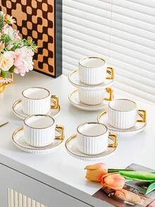 1 Set Ceramic Cup & Saucer Set, Ceramic Tea Cup And Plate, Coffee Cup And Saucer, European Style Gold Rim Drinkware For Breakfast, Tea Party, Ramadan Afternoon Tea, Home, Garden, Restaurant, Suitable For Summer And Winter - White - View 9