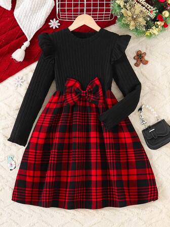 Tween Girls Christmas Bow Decor Long Sleeve Round Neck Dress